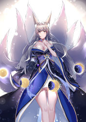 Rule 34 | 1girl, absurdres, animal ear fluff, animal ears, azur lane, blue kimono, breasts, cowboy shot, fox ears, fox girl, highres, japanese clothes, kimono, kitsune, kyuubi, large breasts, large tail, long hair, looking at viewer, moon phases, mouma2333, multiple tails, off shoulder, purple eyes, shinano (azur lane), silver hair, solo, tail, white tail