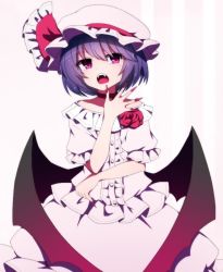 Rule 34 | 1girl, bad id, bad twitter id, bare shoulders, bat wings, blue hair, buttons, choker, embellished costume, fangs, fingernails, flower, frills, hat, hat ribbon, long fingernails, looking at viewer, mob cap, nail polish, off-shoulder shirt, off shoulder, open mouth, pink eyes, pink shirt, pink skirt, puffy short sleeves, puffy sleeves, red flower, red nails, red ribbon, red rose, remilia scarlet, ribbon, rose, shirt, short hair, short sleeves, skirt, skirt set, solo, touhou, wings, you (noanoamoemoe)