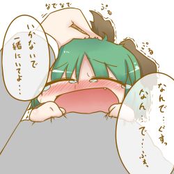 Rule 34 | 1girl, animal ears, blush, chibi, clothes grab, dekasudachin, fang, female focus, green eyes, green hair, hand on another&#039;s head, headpat, kasodani kyouko, open mouth, shirt grab, solo focus, tail, tears, touhou, translation request, trembling