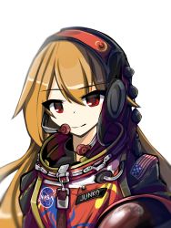 Rule 34 | 1girl, alternate costume, astronaut, blonde hair, breasts, closed mouth, earth (planet), hair between eyes, helmet, highres, holding, hood, hooded dress, junko (touhou), kaliningradg, long hair, looking at viewer, microphone, name tag, nasa, nasa logo, planet, red eyes, reflection, simple background, smile, solo, space helmet, spacesuit, standing, touhou, upper body, very long hair, white background