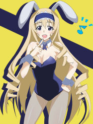 Rule 34 | 10s, 1girl, :d, animal ears, blonde hair, blue eyes, bow, bowtie, breasts, cecilia alcott, cleavage, detached collar, drill hair, fake animal ears, hairband, hand on own hip, happy, highres, infinite stratos, jumon, kotokoto (jumon), leotard, long hair, musical note, open mouth, pantyhose, playboy bunny, pointing, rabbit ears, smile, solo, very long hair, wrist cuffs