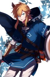 Rule 34 | 1boy, belt, blue cape, blue eyes, cape, earrings, highres, holding, holding sword, holding weapon, hood, hood down, jewelry, light brown hair, link, long hair, male focus, nintendo, parted lips, pointy ears, quiver, shield, sidelocks, sideways glance, solo, standing, sword, takechu, the legend of zelda, the legend of zelda: breath of the wild, tunic, weapon