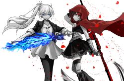 Rule 34 | 2girls, black dress, blue eyes, blush, cape, color contrast, commentary, dress, english commentary, flaming sword, flaming weapon, glowing, glowing eye, gradient hair, grey eyes, highres, holding, holding weapon, jacket, long hair, multicolored hair, multiple girls, petals, red hair, red hood, rose petals, ruby rose, rwby, scar, scar across eye, scythe, short hair, sword, tuemei, weapon, weiss schnee, white dress, white hair, yuri