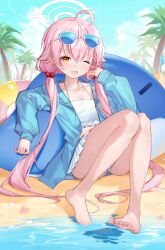 Rule 34 | 1girl, absurdres, ahoge, ball, bare shoulders, barefoot, beach, beachball, bikini, blue archive, blue eyes, blue jacket, blue sky, blush, breasts, cloud, day, eyewear on head, feet, frilled bikini, frills, glasses, halo, heterochromia, highres, hoshino (blue archive), hoshino (swimsuit) (blue archive), jacket, knees together feet apart, knees up, legs, long hair, looking at viewer, low twintails, official alternate costume, official alternate hairstyle, one eye closed, open mouth, outdoors, palm tree, pink hair, ratto (ratto channel), seashell, shell, sitting, sky, small breasts, smile, solo, starfish, swimsuit, toenails, toes, tree, twintails, very long hair, water, wet, white bikini, yellow eyes