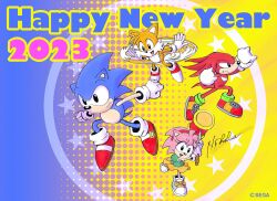Rule 34 | 1girl, 2023, 3boys, amy rose, black eyes, blue fur, commentary, commentary request, copyright notice, echidna (animal), english commentary, english text, flying, fox, furry, furry female, furry male, gloves, hairband, hammer, happy new year, hedgehog, holding, holding hammer, holding weapon, knuckles the echidna, male focus, mixed-language commentary, multiple boys, new year, ooshima naoto, pink fur, red footwear, red fur, red hairband, sega, sonic (series), sonic the hedgehog, sonic the hedgehog (classic), star (symbol), tails (sonic), weapon, white gloves