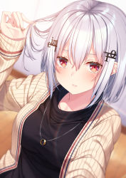 Rule 34 | 1girl, arm up, black shirt, blurry, blurry background, blush, breasts, brown jacket, closed mouth, depth of field, hair between eyes, hair ornament, hakase fuyuki, highres, holding, holding hair, jacket, long sleeves, looking at viewer, medium breasts, nijisanji, open clothes, open jacket, red eyes, shirt, silver hair, sleeves past wrists, solo, virtual youtuber, yuuri nayuta
