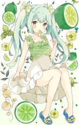 Rule 34 | 1girl, absurdres, ahoge, blue footwear, blush, bow, camisole, commentary, dress, food, food in mouth, frilled dress, frills, fruit, full body, green bow, green camisole, green eyes, green hair, hair bow, highres, lime (fruit), lime slice, long hair, mouth hold, original, sandals, short eyebrows, sitting, solo, symbol-only commentary, thick eyebrows, tsukiyo (skymint), twintails, very long hair, white dress