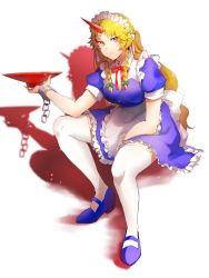 Rule 34 | 1girl, alternate costume, apron, blonde hair, blue dress, blue footwear, braid, breasts, chain, closed mouth, commentary request, cuffs, cup, dress, enmaided, frilled apron, frilled dress, frills, full body, highres, horns, hoshiguma yuugi, k koba, long hair, looking at viewer, maid, maid apron, maid headdress, mary janes, medium breasts, official alternate costume, orange eyes, puffy short sleeves, puffy sleeves, red horns, sakazuki, shackles, shoes, short sleeves, simple background, single horn, solo, thighhighs, touhou, touhou lostword, twin braids, very long hair, waist apron, white apron, white background, white thighhighs
