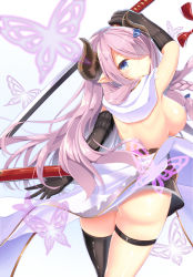 Rule 34 | 10s, 1girl, absurdres, ass, blue eyes, breasts, bug, butterfly, draph, granblue fantasy, hair over one eye, highres, horns, insect, katana, large breasts, long hair, looking back, md5 mismatch, mirea, narmaya (granblue fantasy), pointy ears, renka (llawliet39), resolution mismatch, sheath, sideboob, single thighhigh, smile, solo, source smaller, sword, thighhighs, unsheathed, weapon