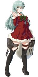 Rule 34 | 1girl, absurdres, aqua eyes, aqua hair, arm warmers, black footwear, boots, breasts, christmas tree hair ornament, collarbone, dd (ijigendd), detached collar, dress, full body, fur trim, hair ornament, hand on own hip, highres, kantai collection, large breasts, long hair, looking at viewer, red dress, red neckwear, sack, santa dress, simple background, solo, standing, suzuya (kancolle), thigh boots, thighhighs, turret, white background