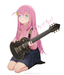 Rule 34 | 1girl, absurdres, black socks, blue eyes, blue skirt, blush, bocchi the rock!, copyright name, cube hair ornament, electric guitar, full body, furrowed brow, gotoh hitori, guitar, hair between eyes, hair ornament, highres, holding, holding instrument, instrument, jacket, kneehighs, long hair, long sleeves, miniskirt, no shoes, one side up, open mouth, peter pan (adtc7243), pink hair, pink jacket, pleated skirt, shoes, sitting, skirt, socks, solo, sweat, track jacket, wariza, weibo logo, weibo watermark, white background