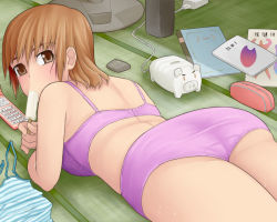 Rule 34 | 1girl, :&gt;=, ass, bad id, bad pixiv id, blush, bra, brown eyes, brown hair, cellphone, character request, food, huge ass, lingerie, looking back, lying, on stomach, original, panties, phone, popsicle, solo, source request, sujiko, sweat, tatami, underwear, underwear only