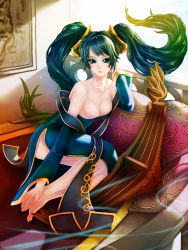 Rule 34 | 1girl, barefoot, blue eyes, breasts, cleavage, detached sleeves, dress, instrument, large breasts, league of legends, low neckline, picture frame, sitting, sona (league of legends), twintails, waterring, yokozuwari