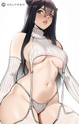 1girl animal_ears backwards_virgin_killer_sweater black_hair breasts cleavage detached_sleeves earrings gray_(holy_meh) green_eyes hair_between_eyes holy_meh jewelry lips long_hair long_sleeves looking_at_viewer medium_breasts navel original simple_background sitting solo sweater white_background white_sweater