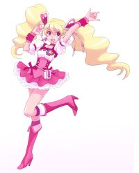 Rule 34 | 00s, 1girl, \m/, arm up, blonde hair, boots, bow, choker, cure peach, dress, eyelashes, fresh precure!, full body, hair ornament, hairpin, heart, heart hair ornament, knee boots, long hair, magical girl, momozono love, pink bow, pink eyes, pink footwear, precure, smile, solo, standing, standing on one leg, tana (cure-aqua), tana (pixiv140726), twintails
