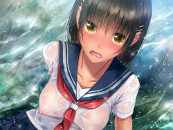 Rule 34 | 1girl, black hair, blush, breasts, collarbone, covered erect nipples, embarrassed, eyebrows, fang, full-face blush, highres, jirou (chekoro), large breasts, looking at viewer, natsuiro otome, nipples, open mouth, original, sailor collar, school uniform, see-through, serafuku, short hair, short sleeves, sitting, skirt, solo, water, wet, wet clothes, yellow eyes