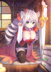 Rule 34 | 1girl, ahoge, animal ears, bad id, bad pixiv id, bent over, black legwear, black skirt, blurry, blush, bookmark, bookshelf, breasts, cat ears, cleavage, closed mouth, crystal, depth of field, drill hair, eyebrows, full body, gem, green eyes, hair ribbon, highres, holding, holding sword, holding weapon, indoors, jewelry, kneeling, ladder, large breasts, lens flare, light particles, long hair, long sleeves, looking at viewer, miniskirt, on floor, original, overskirt, planted, planted sword, planted weapon, purple gemstone, railing, ribbon, shade, silver hair, skirt, sleeves past wrists, smile, solo, sparkle, sword, tile floor, tiles, twin drills, weapon, window, xiaosan ye