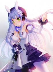 Rule 34 | 1girl, :&lt;, asymmetrical legwear, bare shoulders, beret, black bow, black legwear, blue flower, blue hair, blush, bow, closed mouth, commentary request, dress, dutch angle, facial mark, flower, girls&#039; frontline, green eyes, grey background, hair bow, hair flower, hair ornament, hand on own hip, hat, highres, hk416 (girls&#039; frontline), hk416 (herbal-flavored hard candy) (girls&#039; frontline), juliet sleeves, long hair, long sleeves, looking at viewer, mamel 27, mismatched legwear, official alternate costume, puffy sleeves, purple hat, solo, strapless, strapless dress, very long hair, white dress, white flower, white legwear, white sleeves