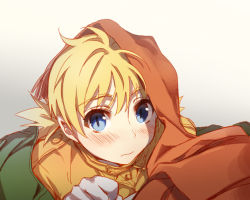 Rule 34 | 1boy, 1girl, blonde hair, blue eyes, blush, closed mouth, couple, face, from above, gloves, green shirt, hellsing, kayama (fukayama), looking up, low twintails, military, military uniform, out of frame, pip bernardotte, scarf, seras victoria, shirt, short hair, simple background, twintails, uniform, yellow shirt