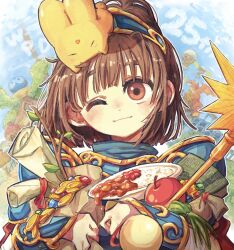 Rule 34 | 1girl, 55 (afutanun 0120), ;), anniversary, apple, armor, bag, blue sky, blunt bangs, book, bridge, brown eyes, brown hair, carbuncle (puyopuyo), cloud, cloudy sky, coin, copyright name, creature, creature on head, curry, curry rice, dragon, floating island, food, fruit, gem, gold coin, grass, head tilt, highres, holding, looking at viewer, medium hair, one eye closed, outdoors, pauldrons, plate, ponytail, puyo (puyopuyo), puyopuyo, rice, sack, scroll, shoulder armor, sign, sky, smile, solo, stick, too many, tree, vambraces, waku waku puyo dungeon