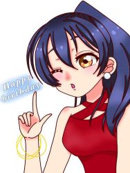 Rule 34 | 1girl, ;), ;o, artist name, artist request, blue hair, blush, bracelet, breasts, brown eyes, criss-cross halter, dress, earrings, female focus, hair between eyes, hair over shoulder, halterneck, jewelry, long hair, looking at viewer, love live!, love live! school idol project, nail, nail polish, one eye closed, parted lips, pearl earrings, pink nails, red dress, sleeveless, sleeveless dress, small breasts, smile, solo, sonoda umi, stud earrings, upper body, white background, yellow eyes