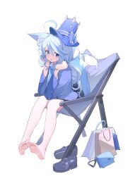 Rule 34 | 1girl, absurdres, animal ear fluff, animal ears, bag, barefoot, black skirt, blue bag, blue bow, blue eyes, blue hat, blue nails, blue necktie, blue shirt, bow, commentary request, cowlick, deck chair, food, fox ears, fox tail, full body, furina (genshin impact), genshin impact, grey footwear, hands up, hat, hat bow, heterochromia, highres, ice cream, kemonomimi mode, long hair, long sleeves, looking at viewer, mary janes, nail polish, necktie, ningmeng jing jing jing jing, open mouth, shirt, shoes, simple background, sitting, skirt, soles, solo, tail, toenail polish, toenails, top hat, unworn bag, unworn footwear, white background