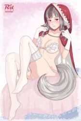 Rule 34 | animal ears, blush, bra, breasts, commission, commissioner upload, fire emblem, fire emblem fates, gloves, grey hair, highres, large breasts, multicolored hair, nintendo, on bed, r3dfive, sitting, solo, tail, thighs, underwear, velouria (fire emblem), white bra, white gloves, white legwear, wolf girl, wolf tail