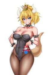 Rule 34 | &gt;:d, 1boy, 1girl, armlet, bare shoulders, black leotard, blonde hair, blue eyes, bowsette, bracelet, breasts, brown pantyhose, cleavage, collar, covered navel, crown, curvy, gem, grin, hand on own hip, hevn, highres, horns, jewelry, large breasts, leotard, long hair, mario, mario (series), mini person, miniboy, new super mario bros. u deluxe, nintendo, pantyhose, ponytail, sharp teeth, smile, spiked armlet, spiked bracelet, spiked collar, spiked tail, spikes, strapless, strapless leotard, super crown, tail, teeth, v-shaped eyebrows