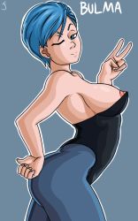 Rule 34 | 10s, 1girl, ass, bare shoulders, blue eyes, blue hair, breasts, bulma, curvy, dragon ball, dragon ball super, female focus, highres, leotard, looking at viewer, nipples, one eye closed, pantyhose, smile, solo, thethickness, wink