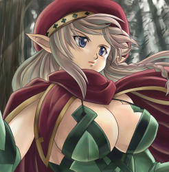 Rule 34 | 00s, 1girl, alleyne (queen&#039;s blade), alleyne (queen's blade), bad id, bad pixiv id, blue eyes, breasts, brown hair, cleavage, elf, female focus, fighting master alleyne, forest, hamoto, hat, large breasts, long hair, nature, outdoors, pointy ears, queen&#039;s blade, solo
