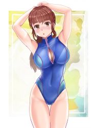 Rule 34 | 1girl, arms behind head, blue one-piece swimsuit, breasts, brown eyes, brown hair, cleavage, cleavage cutout, clothing cutout, commentary request, competition swimsuit, cowboy shot, front zipper swimsuit, highres, large breasts, long hair, looking at viewer, mashinatsu, meme attire, one-piece swimsuit, original, ponytail, solo, standing, swimsuit, thigh gap