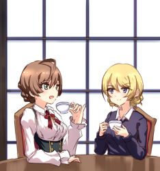 Rule 34 | 10s, 2girls, ahoge, blonde hair, blue eyes, blue sweater, blush, braid, breasts, buttons, center frills, chair, crossover, cup, darjeeling (girls und panzer), dress shirt, frills, girls und panzer, green eyes, hexunart, holding, holding cup, idolmaster, idolmaster million live!, indoors, jewelry, light brown hair, look-alike, medium breasts, multiple girls, neck ribbon, necklace, open mouth, pinky out, puffy sleeves, red ribbon, ribbon, sakuramori kaori, shirt, side braid, sitting, smile, suspenders, sweater, swept bangs, table, teacup, trait connection, window
