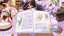 Rule 34 | book, bouquet, box, cake, cup, drink, drinking glass, flower, food, fruit, gears, gift, gift box, highres, honkai (series), honkai impact 3rd, jewelry, logo, necklace, official art, open book, petals, strawberry, stuffed toy, table, toya kaisei, wine glass