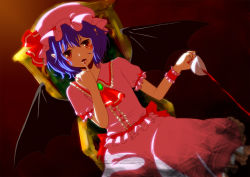 Rule 34 | 1girl, anime coloring, bad id, bad pixiv id, bat wings, blood, chair, cup, dutch angle, female focus, finger to mouth, hat, highres, looking at viewer, marie no13, pointy ears, purple hair, red eyes, remilia scarlet, short hair, sitting, solo, spilling, tea, teacup, touhou, twilight, wings