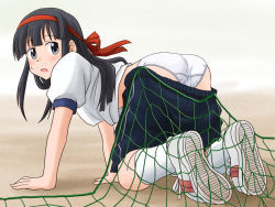 Rule 34 | 1girl, all fours, ass, black eyes, black hair, blue shorts, blush, cargo net, clothes pull, commentary request, commission, from behind, frown, gym shirt, gym shorts, gym uniform, headband, hime cut, lielos, long hair, looking at viewer, looking back, on ground, original, panties, partial commentary, pixiv commission, red headband, sakamoto miko, shirt, shoes, short ponytail, short sleeves, shorts, shorts pull, single vertical stripe, sneakers, socks, solo, underwear, wardrobe malfunction, white footwear, white panties, white socks