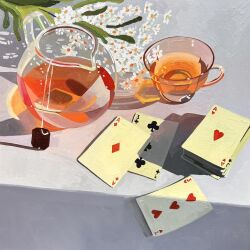 Rule 34 | ace (playing card), ace of hearts, card, cup, flower, heart, highres, leah gardner, no humans, oil painting (medium), original, painting (medium), pitcher (container), playing card, realistic, shadow, still life, sunlight, table, tea, teabag, teacup, traditional media