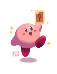 Rule 34 | :d, card, commentary, creature, english commentary, full body, happy, highres, holding, holding card, jumping, kirby, kirby (series), kirby 64, looking at viewer, mintfoox, nintendo, no humans, open mouth, signature, simple background, smile, solo, sparkle, white background