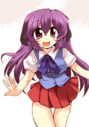 Rule 34 | 00s, 1girl, arms at sides, bad anatomy, blue bow, blue bowtie, bow, bowtie, cowboy shot, hanyuu, higurashi no naku koro ni, long hair, looking at viewer, miniskirt, pleated skirt, poorly drawn, puffy short sleeves, puffy sleeves, purple eyes, purple hair, shirogane (platinum), short sleeves, simple background, skirt, solo, thigh gap, very long hair, vest, white background