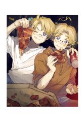 Rule 34 | 2boys, ;d, ahoge, america (hetalia), arm around shoulder, axis powers hetalia, blonde hair, blue eyes, blurry, blurry background, border, brothers, can, canada (hetalia), cheese trail, drink can, eating, fingernails, food, food in mouth, highres, holding, holding food, holding pizza, male focus, multiple boys, ninonuko, one eye closed, open mouth, pepperoni, pizza, pizza box, pizza slice, purple eyes, siblings, smile, soda can, white border