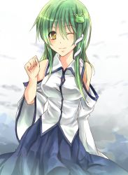 Rule 34 | 1girl, aoi 2, bad id, bad pixiv id, blush, breasts, detached sleeves, female focus, frog hair ornament, green hair, hair ornament, hair tubes, highres, kochiya sanae, long hair, medium breasts, one eye closed, skirt, smile, snake, solo, touhou, wink, yellow eyes