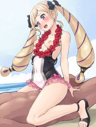 Rule 34 | 10s, 1boy, 1girl, 2017, beach, black footwear, blonde hair, blush, boris (noborhys), breasts, clothed sex, covered navel, cum, cum in pussy, drill hair, elise (fire emblem), elise (summer) (fire emblem), feet, fire emblem, fire emblem fates, fire emblem heroes, girl on top, head out of frame, hetero, highres, jewelry, long hair, multicolored hair, necklace, nintendo, nipples, one-piece swimsuit, open mouth, purple eyes, purple hair, sandals, sex, small breasts, solo focus, swimsuit, thighs