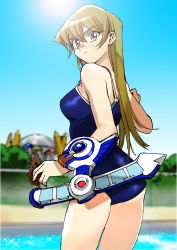 Rule 34 | 1girl, 203wolves, ass, blonde hair, blue one-piece swimsuit, blue sky, blurry, blurry background, breasts, brown eyes, card, cowboy shot, day, duel disk, from behind, graphite (medium), hair between eyes, highres, holding, holding card, long hair, looking at viewer, looking back, medium breasts, one-piece swimsuit, outdoors, pool, school swimsuit, sky, solo, sparkle, standing, straight hair, sun, swimsuit, tenjouin asuka, traditional media, very long hair, yu-gi-oh!, yu-gi-oh! gx