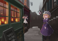 Rule 34 | 2girls, architecture, arm at side, belt, belt buckle, black belt, black footwear, black headwear, black skirt, blonde hair, bright pupils, brown hair, buckle, building, commentary, dress, english text, eyebrows hidden by hair, finger to cheek, french text, hat, hat ribbon, highres, house, lantern, long sleeves, maribel hearn, mob cap, multiple girls, no mouth, pavement, purple dress, purple eyes, purple ribbon, railing, ribbon, road, scenery, shirt, shoes, short hair, short ponytail, side ponytail, sign, skirt, stairs, standing, sweet reverie, touhou, usami renko, white headwear, white pupils, white shirt, window, windowsill, yellow eyes