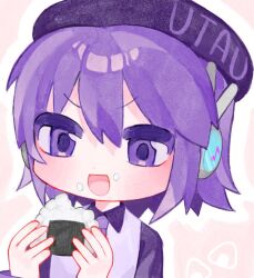 1girl beret eating food food_on_face hashtag-only_commentary hat nupi_(tpshye7d2k42552) onigiri open_mouth purple_eyes purple_hair short_hair solo upper_body utane_uta utau