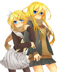 Rule 34 | 2girls, blonde hair, blue eyes, casual, colorized, hair ornament, hairclip, kagamine rin, lily (vocaloid), multiple girls, pantyhose, scarf, ui (rot), vocaloid