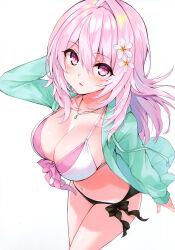 Rule 34 | 1girl, absurdres, bikini, blush, breasts, cleavage, cu-no, fingernails, flower, hair flower, hair ornament, hand up, highres, hisen kaede, jacket, jewelry, large breasts, long hair, long sleeves, looking at viewer, navel, necklace, open clothes, open jacket, parted lips, pink hair, purple eyes, ribbon, scan, shiny skin, simple background, solo, stomach, swimsuit, thighs, white background, yayoi sakura