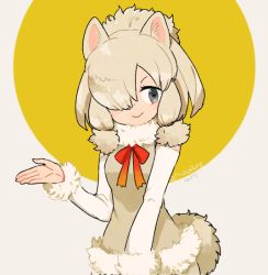Rule 34 | &gt;:&gt;, 10s, 1girl, :&gt;, alpaca ears, alpaca suri (kemono friends), alpaca tail, animal ears, beige shirt, blonde hair, blue eyes, collar, commentary request, dot nose, elbow gloves, eyelashes, fur-trimmed sleeves, fur collar, fur trim, gloves, gradient ribbon, grey background, hair bun, hair over one eye, hair ribbon, hand up, horizontal pupils, kemono friends, l hakase, looking at viewer, multicolored background, neck ribbon, open hand, ribbon, shirt, short hair, signature, single hair bun, sleeveless, sleeveless shirt, smile, solo, tail, tareme, tress ribbon, twitter username, upper body, v-shaped eyebrows, yellow background