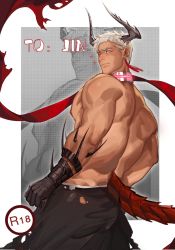 Rule 34 | 1boy, armband, ass, back, back focus, bara, bare back, bare shoulders, closed mouth, collar, earrings, eyebrows, from behind, gift art, highres, horns, jewelry, jiecaoxiong, large pectorals, looking at viewer, looking back, male focus, muscular, muscular male, nipples, original, pectorals, piercing, scarf, short hair, shoulder blades, sidepec, solo, spiked hair, spiked tail, spikes, tail, tan, topless male, torn clothes, torn legwear, white hair, yellow eyes