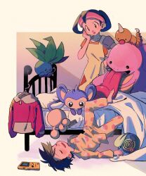 Rule 34 | 1boy, 1girl, :d, aipom, apron, barefoot, bed, blush, closed eyes, collarbone, commentary request, creatures (company), ethan (pokemon), game boy, game boy color, game freak, gen 1 pokemon, gen 2 pokemon, handheld game console, head tilt, headband, highres, jacket, johto mother, lickitung, looking down, mother (pokemon), mother and son, nintendo, oddish, ok ko19, open mouth, orange shirt, pajamas, pants, pillow, pink headband, poke ball print, pokemon, pokemon (creature), pokemon gsc, poliwag, shirt, short hair, short sleeves, smile, unworn jacket, weedle, yellow pants, yellow shirt
