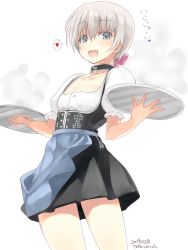 Rule 34 | 1girl, alternate costume, apron, blue apron, blue eyes, commentary request, cowboy shot, dated, dirndl, flat chest, german clothes, heart, highres, kantai collection, one-hour drawing challenge, short hair, silver hair, simple background, solo, spoken heart, standing, takase muh, tray, waitress, white background, z1 leberecht maass (kancolle)